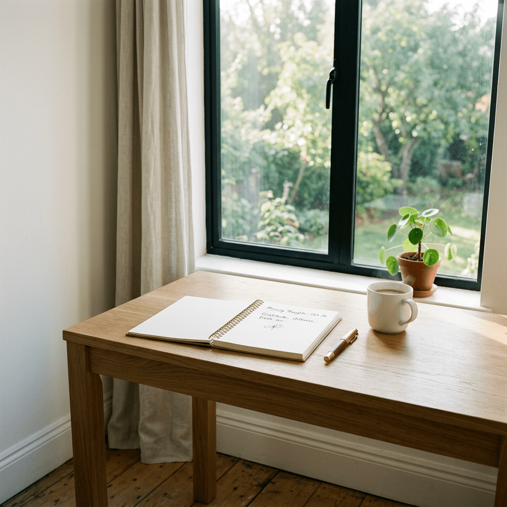 Wooden desk by window with notebook, pen, coffee cup, and small plant